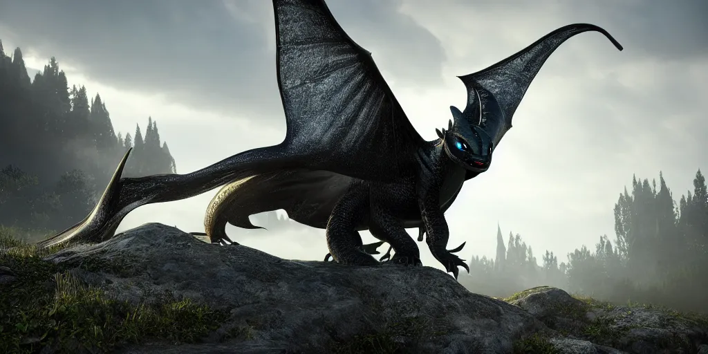 Image similar to photorealistic full shot of toothless at moonlight, high detail, unreal engine 4k volumetric light, fog,