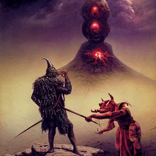 Image similar to ultra realistic painting of harold h. hamlet fending off the corrupted soldiers of recda, the last witch of the north on the mountain of gratsville but the great swine of the seventh sun is casting a spell to cause a catastrophe, by beksinski