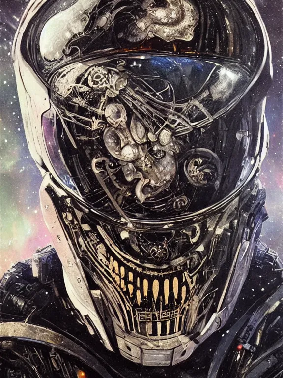 Prompt: art portrait of a chaos space king, decaying, galaxy reflected in helmet, giger,8k,by tristan eaton,Stanley Artgermm,Tom Bagshaw,Greg Rutkowski,Carne Griffiths, Ayami Kojima, Beksinski, Giger,trending on DeviantArt,face enhance,hyper detailed,minimalist,cybernetic, android, blade runner,full of colour,