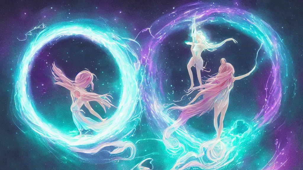 Image similar to a beautiful whimsical goddess floating above a lake basking in the moonlight, casting a spell, underneath a multi-colored binary blackhole with an accretion disc, glowing trails following her arms, acidwave, by Lois van Baarle, by Greg Rutkowski, by artgerm, by beeple, by studio ghibli, cinematic angle, volumetric lighting, 4k resolution, octane render, trending on artstation, masterpiece