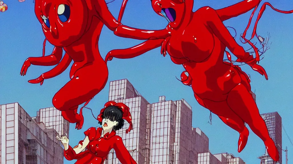 Image similar to a woman in a red dress wearing a red lobster mask falling from a building in Tokyo , film still from the an anime directed by Katsuhiro Otomo with art direction by Salvador Dalí, wide lens