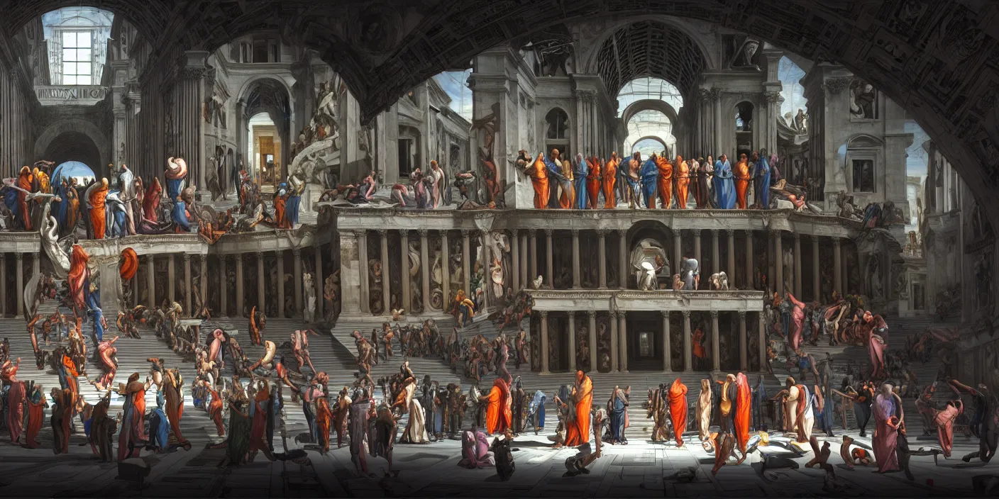 Prompt: the school of athens cyberpunk, hyper detailed, neon, concept art, award winning concept art