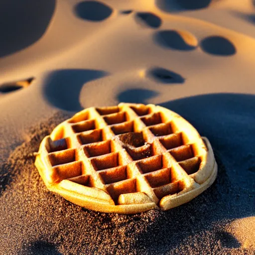 Image similar to an eggo waffle in the sand on the beach, high quality photograph, sigma 8 5 mm f / 8