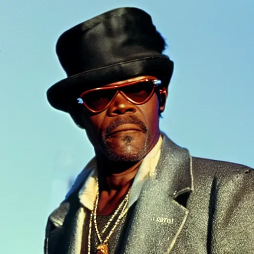 Image similar to a film still of Samuel L. Jackson dressed as a Pimp in a 1970s Blaxploitation film, 40mm lens, shallow depth of field, split lighting, cinematic