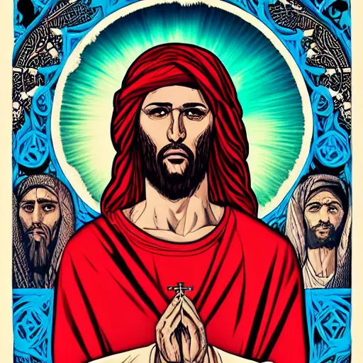 Image similar to blooded jesus christ on mayheim crosses with taliban. symmetrical anatomy, very intricate, digital design, perfect details, pop punk art style, colorful, accompanied by body, pure image without duplication, dribble popular, trending on arstation, drawn by ilya kuvshinov and vinicius gud and gustavo zambelli, intricate, ultra high definition.