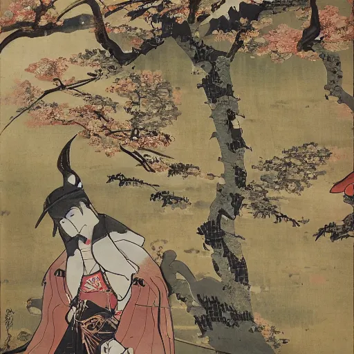 Image similar to samurai fox with a katana. sakura forest in the background. old japanese painting. fresco