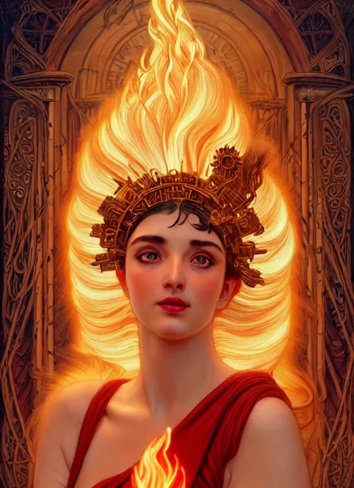 Image similar to the greek goddess hestia with hair made of fire, steampunk, glowing eyes, beautiful eyes, volumetric lights, red and cyan theme, art nouveau botanicals, intricate, highly detailed, digital painting, artstation, concept art, smooth, sharp focus, cinematic, illustration, beautiful face, art by artgerm and greg rutkowski and alphonse mucha