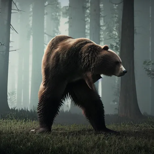 Image similar to bear with chainsaw arms, unreal engine 5, realistic, dark, moody, godrays, 8k