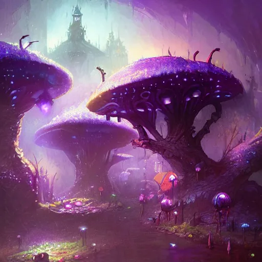 Image similar to concept art detailed painting of a dark purple fantasy fairytale fungal town made of mushrooms, with glowing blue lights, in the style of jordan grimmer and neil blevins and wayne barlowe