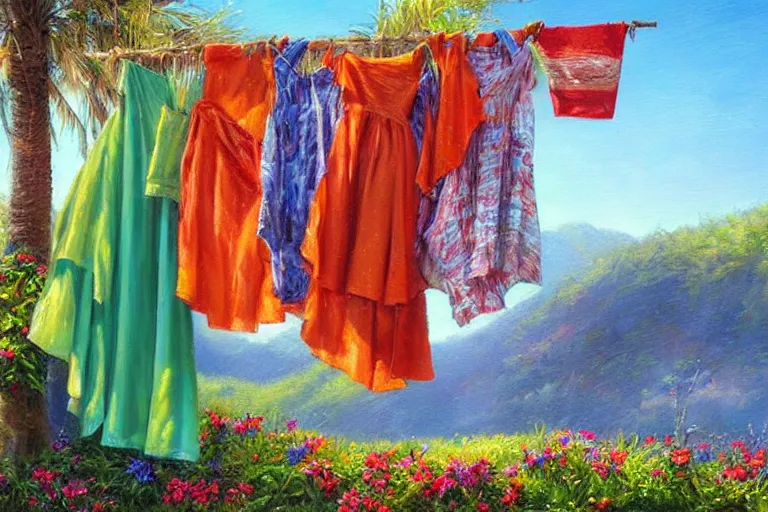 Prompt: summer dresses drying in the sun, created by Mark Keathley