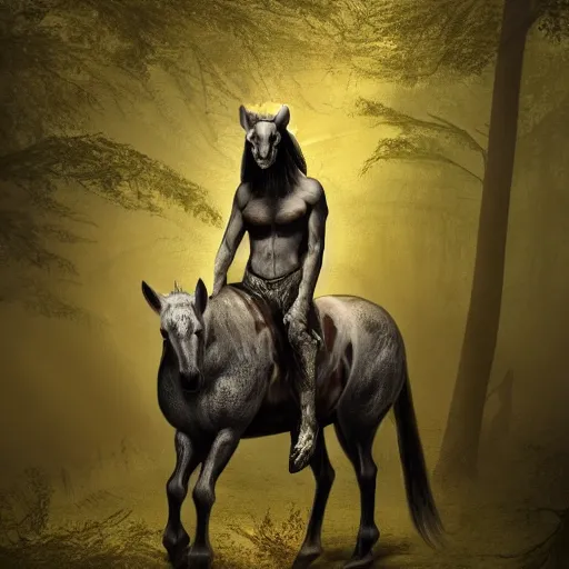 Image similar to werecreature consisting of a horse and a human, featured on artstation, photograph captured in a dark forest