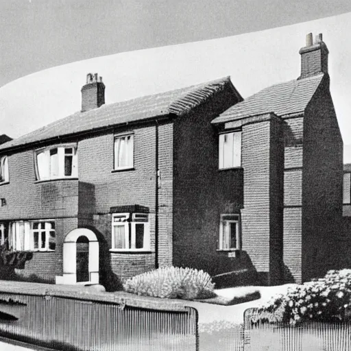 Image similar to british 1930s semi detached house with front gardens on the moon with earth in the background