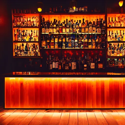 Prompt: a full shot of a bar with orange lighting, nighttime