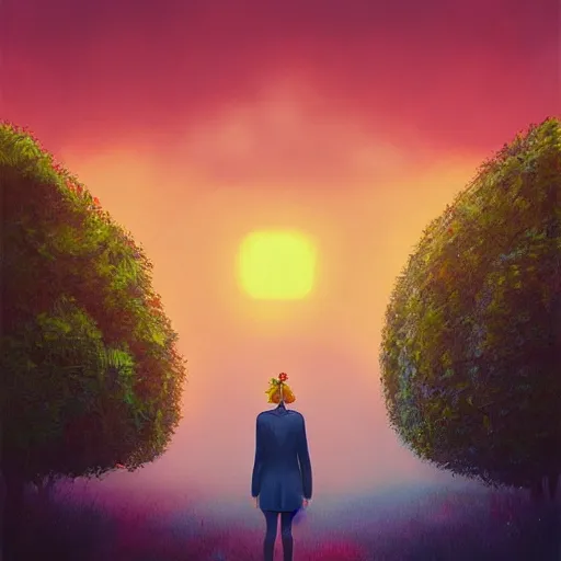 Image similar to portrait, giant rose flower head, girl walking in a suit, surreal photography, sunrise, blue sky, dramatic light, impressionist painting, digital painting, artstation, simon stalenhag