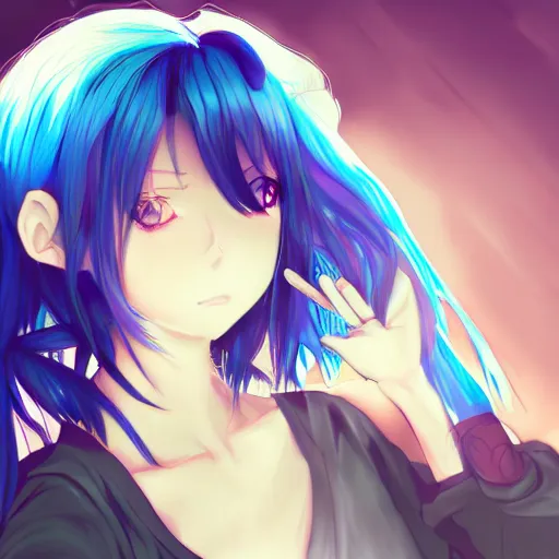 Prompt: an anime girl with blue hair, trending on pixiv, detailed, anime, pastel colors, dramatic lighting, by kawacy