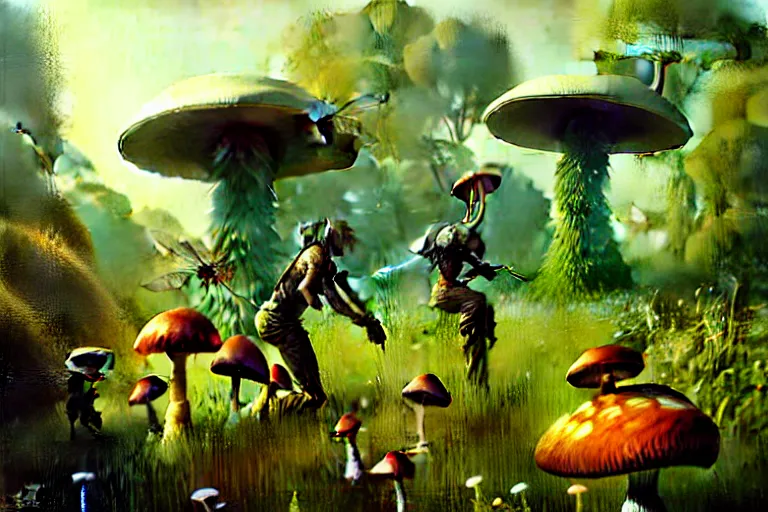 Prompt: surreal painting by craig mullins and greg rutkowski, garden flowers + poison mushrooms + long grass + garden dwarfs fighting with giant mosquito, 7 0's vintage sci - fi flat design, cinematic