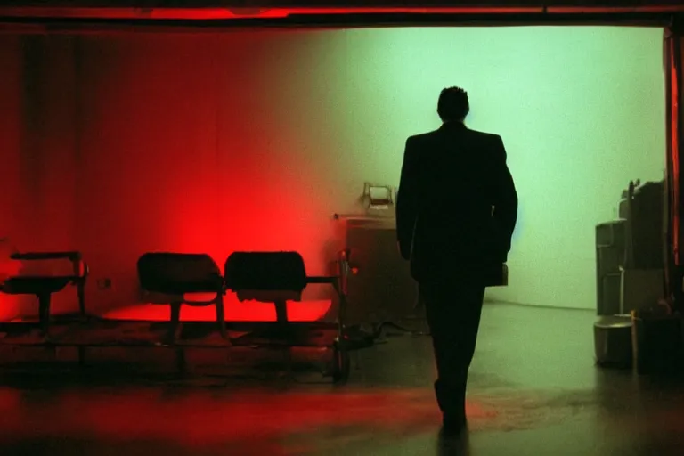 Prompt: back view of a man facing an audience at the atmospheric and obscure, red neon light, by roger deakins, cinematography, syd mead