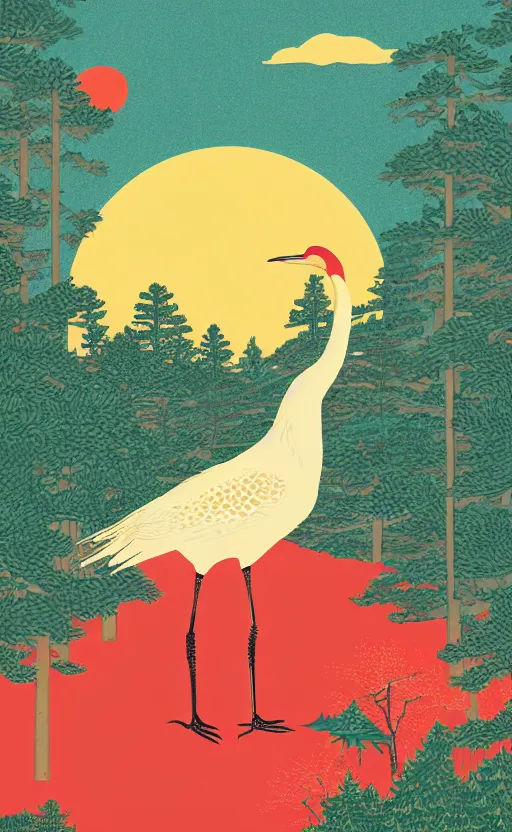 Prompt: hanafuda, a huge japanese crane bird is flying above a lake in the middle of a forest of japanese pines, a big red sun in the background, front game card, vector line art, trending on behance, concept art, stunning, matte