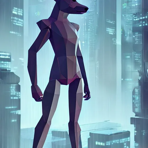 Image similar to Playstation 1 PS1 low poly foggy graphics portrait of furry anthro anthropomorphic wolf animal person fursona wearing clothes in a futuristic cyberpunk foggy city alleway. Artstation, CGSociety