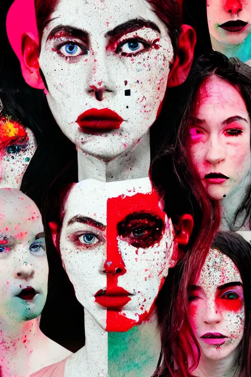 Image similar to glitched mix of endless female faces and red paint in style of neo-dada