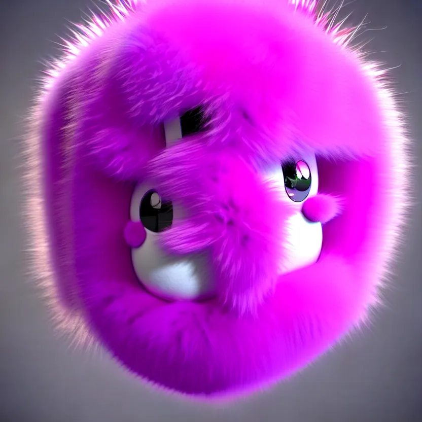 Image similar to high quality 3 d render hyperrealistic very cute big spherical creature, whiskers, plush mascot, short spiky dense fluffy smooth hair, isometric 3 d, psychedelic lighting pink fluffy fur 1 cm long, 1 5 0 mm, smooth background, artstation, ultra detailed, elegant, ultra detailed, octane render