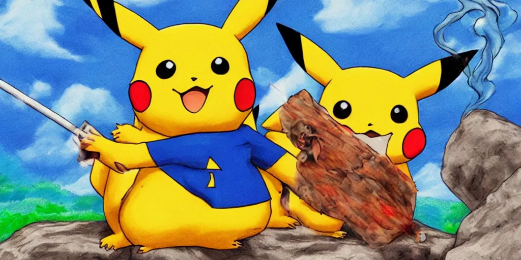 Image similar to pikachu smoking a fat blunt with ash ( male character ) with red eyes sitting on a rock next to a river, bright blue sky colorful detailed drawing