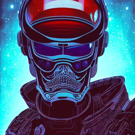 Image similar to close up portrait of a 28rd century Space Pirate by James Jean Dan Mumford Strongstufftom, most wanted warhammer 40k pirate, space skull helmet, dark thief data traveler, Ghost in the shell, Akira, anime cyberpunk, Blade Runner