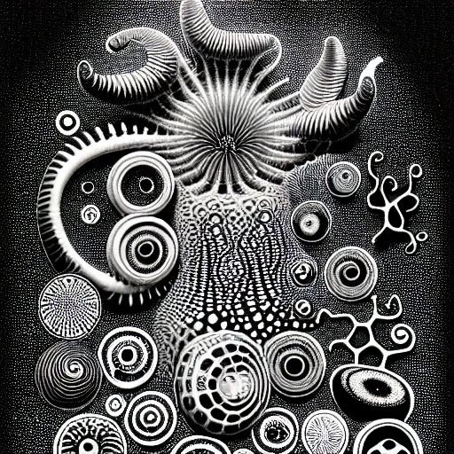 Prompt: a black and white drawing of a variety of sea life and filled with technological space equipment, a microscopic photo by ernst haeckel, zbrush central, kinetic pointillism, bioluminescence, intricate patterns, photoillustration