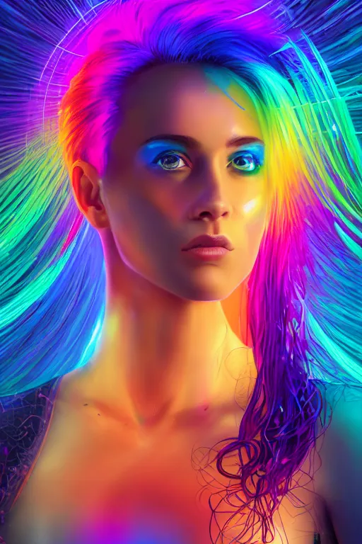 Image similar to a award winning half body portrait of a beautiful woman with stunning eyes in a croptop and cargo pants with rainbow colored ombre hairstyle head in motion and hair flying by thomas danthony, surrounded by whirling illuminated liquids and lines, outrun, vaporware, shaded flat illustration, digital art, trending on artstation, highly detailed, fine detail, intricate