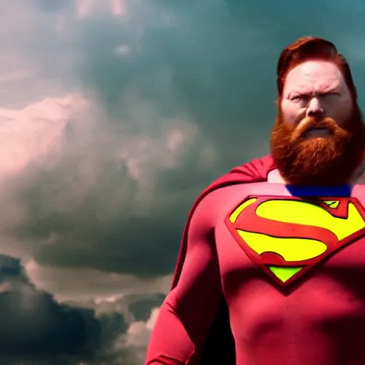 Image similar to angriestpat with red beard starring as superman, movie still, 8 k