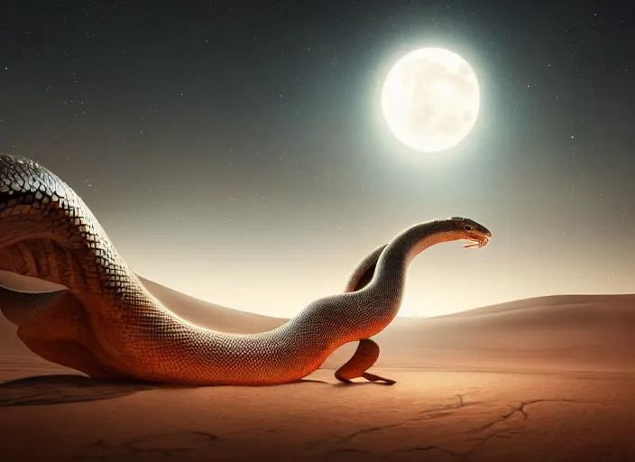 Image similar to giant snake on a moonlit desert, art by artgerm and greg rutkowski, cinematic shot, intricate, ornate, photorealistic, ultra detailed, trending artstaition, realistic, 1 0 0 mm, photography, octane, high definition, depth of field, bokeh, 8 k