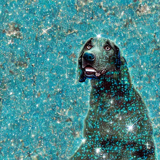 Prompt: a photograph of a huge dog in space made of turquoise colored crystals