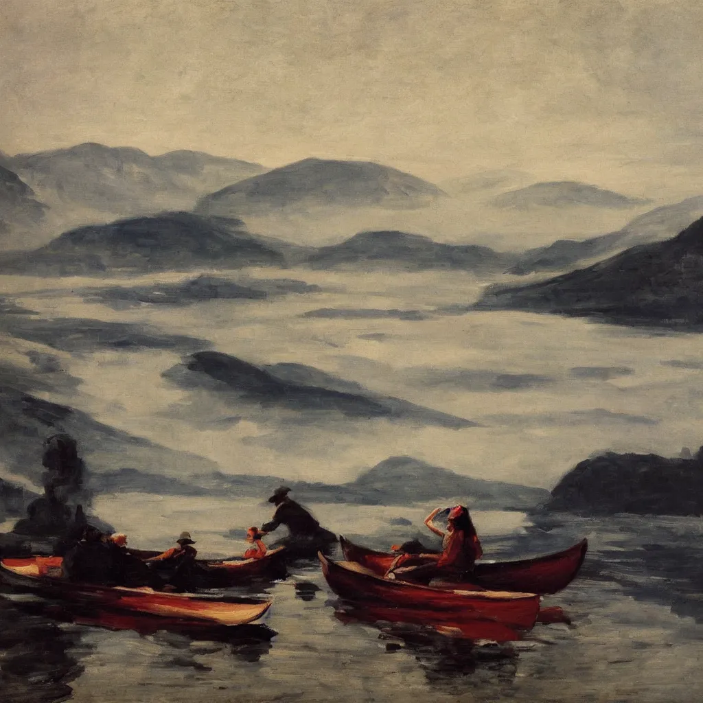 Prompt: one beautiful woman sitting in canoe on the hudson river, mountains in mist in the background, oil painting, style of george bellows