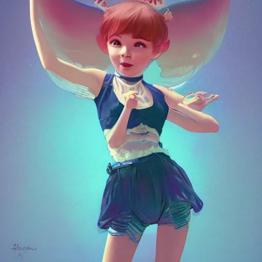 Image similar to cute pixie bjork dancing in a new music video, a look of wonder on her face, ambient lighting, 4 k, lois van baarle, ilya kuvshinov, rossdraws, alphonse mucha, jung gi kim, artstation