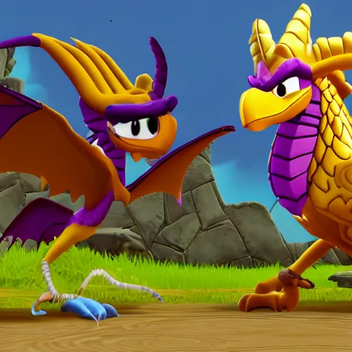 Image similar to screenshot of a humanoid griffin bard with a feather in its cap as an enemy in spyro the dragon video game, with playstation 1 graphics, activision blizzard, upscaled to high resolution