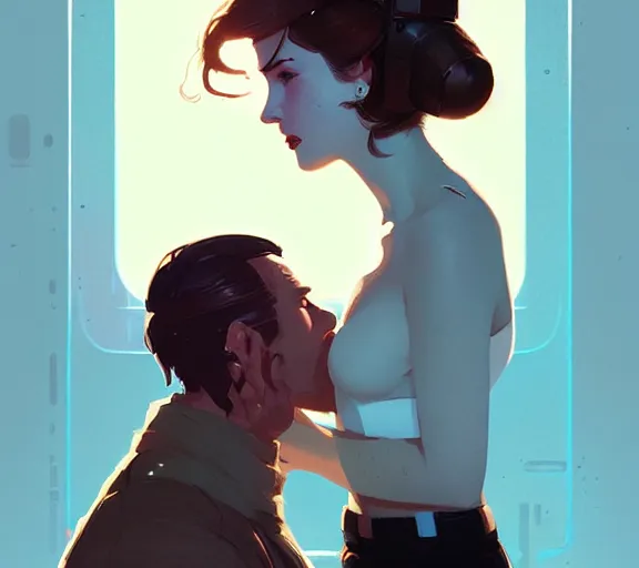 Image similar to portrait of han kissing leia by atey ghailan, by greg rutkowski, by greg tocchini, by james gilleard, by joe fenton, by kaethe butcher, dynamic lighting, gradient light blue, brown, blonde cream and white color scheme, grunge aesthetic