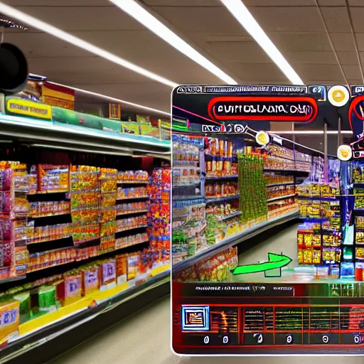 Image similar to augmented reality glowing data visualisation in supermarket, cinematic, kodachrome