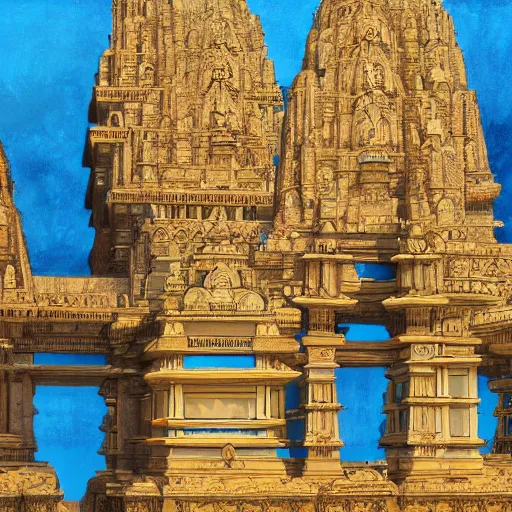 Image similar to architecural painting of a hidden city with a statue in the middle with hindu influences, artstation, detailed in gold and blue hues