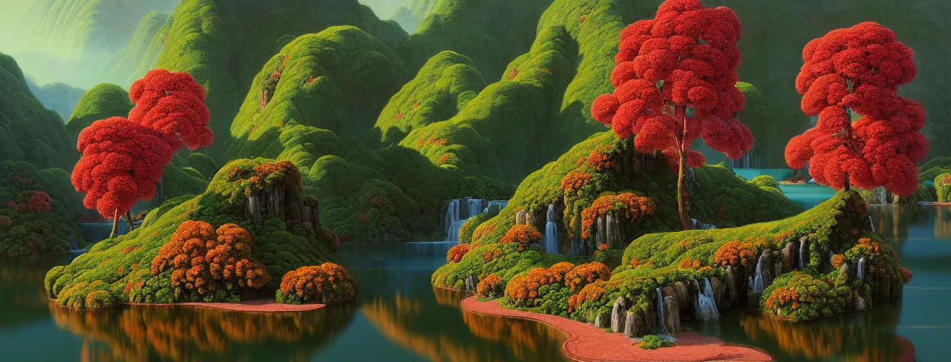 Image similar to a gorgeous very early spring series of lush islands separated by flower - lined streams, twisted gardens, painting by barlowe wayne maxfield parrish and marco mazzoni. tree no leaf!!!! china mountain village!! very little light verdancy. ultra clear detailed. 3 d, octane render. turbulent blood lake.
