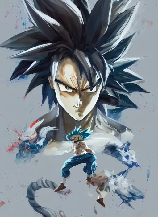 Image similar to semi reallistic gouache gesture painting, by yoshitaka amano, by ruan jia, by Conrad roset, by dofus online artists, detailed anime 3d render of gesture painting of goku KID super Saiyan, young goku blond, Crono, Dragon Quest, crono, goku, portrait, cgsociety, artstation, rococo mechanical, Digital reality, sf5 ink style, dieselpunk atmosphere, gesture drawn