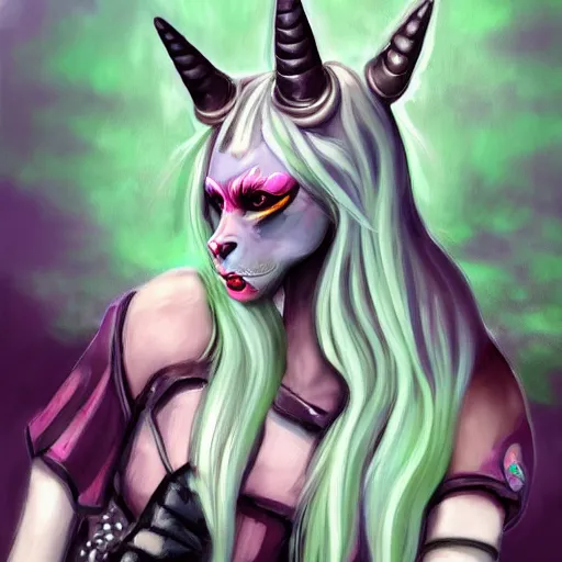 Image similar to Beautiful portrait digital painting, oil painting, anthro anthropomorphic unicorn androgynous , at a lake anarchist anarcho-punk Punk Punk outfit. furaffinity, artstation