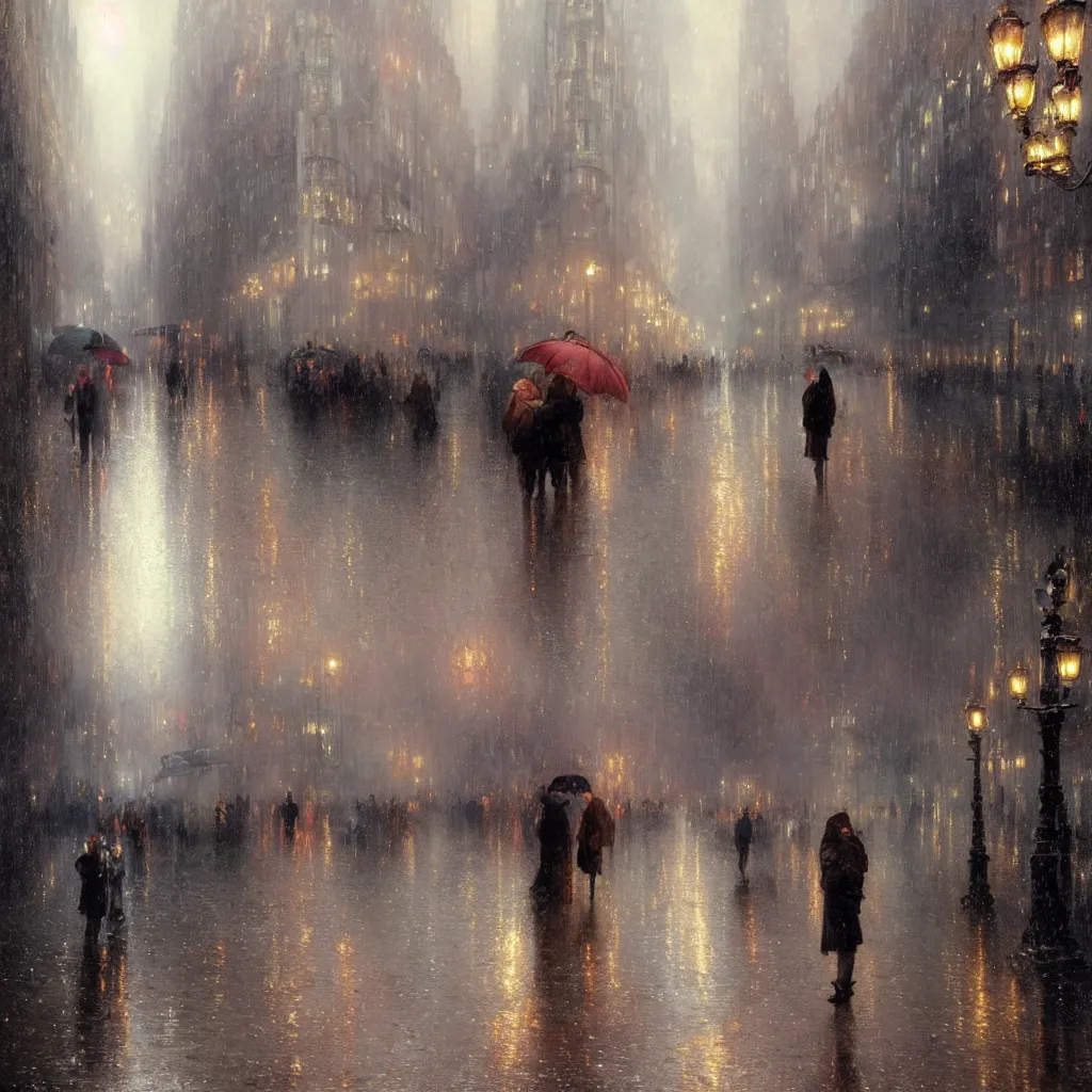 Image similar to a beautifull intricate city, wet sidewalk, people, reflections, raindrops, high details, art by william turner, by greg rutkowski and by alphonse mucha, trending on artstation, extremely detailed, masterpiece