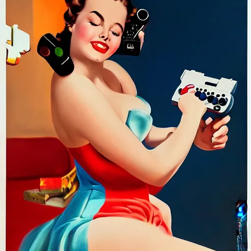 Image similar to a realistic painting of a pin up girl holding a SNES controller, by Alberto Vargas, highly detailed and intricate, photorealistic, cinematic lighting 4k