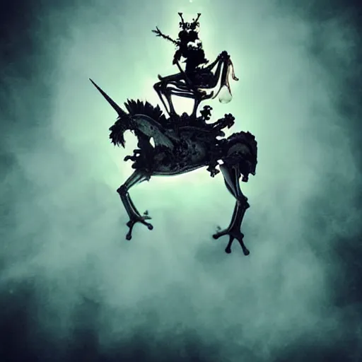 Image similar to frog horseman riding a glowing baroque unicorn skeleton in a thick fog, polaroid photography in style of andrey tarkovski, eerie, mystical, sublime