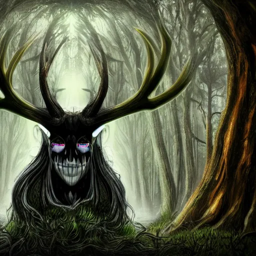 Prompt: the soul thief, dark forest, fantasy world, mystical physique with antlers, wide shot view