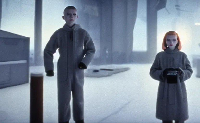 Image similar to sadie sink with buzz cut hair in oversized man's coat : a still from a scifi soviet cyberpunk film from 1 9 8 0 s. by steven spielberg and james cameron. 6 5 mm low grain film stock. sharp focus, realistic facial expression, perfect anatomy, global illumination, radiant light, detailed and intricate environment, trending on artstation