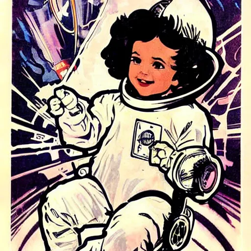 Image similar to a cute little girl with a mischievous face and short brown wavy curly hair. she is dressed as an astronaut. well composed, clean elegant painting, beautiful detailed face. comic book art by steve ditko and jack kirby and ( alphonse mucha )