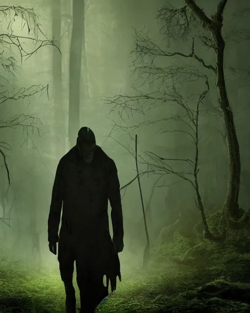 Image similar to a shady, undead man is walking towards a horrific monster in a densely overgrown, eerie jungle, fantasy, stopped in time, dreamlike light incidence, ultra realistic, award winning picture