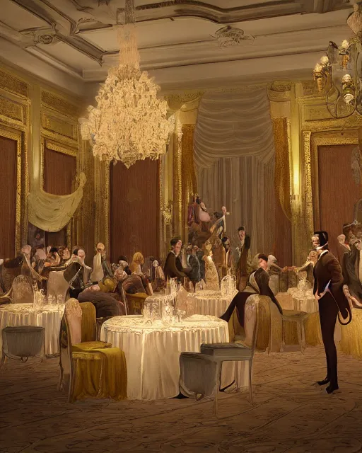 Image similar to rococo digital painting of a 1 9 2 0 s grand party in a beautiful mansion, many partygoers, unreal engine, hyper realism, realistic shading, cinematic composition, realistic render, octane render, detailed textures, photorealistic, ultrawide shot, 3 5 mm film