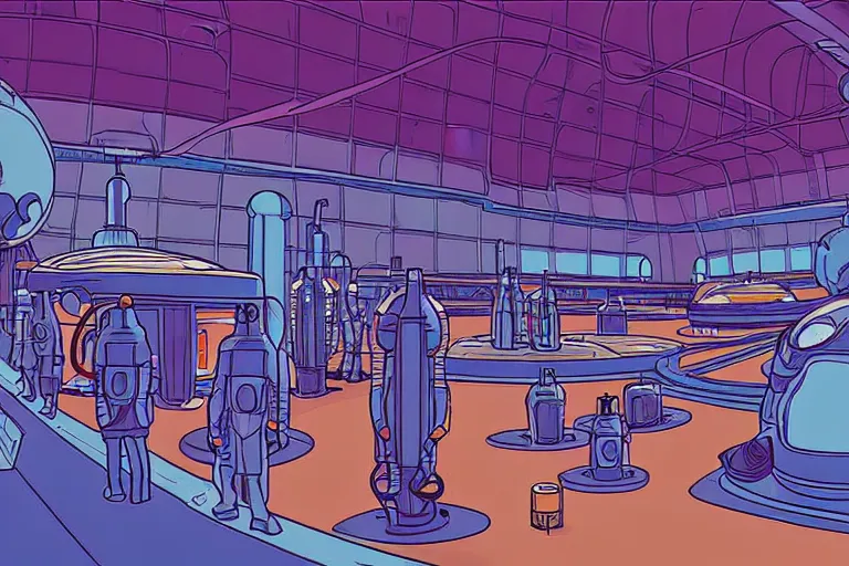 Image similar to a scifi illustration, factory interior. top down fisheye view. vats of fluid. and many workers. flat colors, limited palette in FANTASTIC PLANET La planète sauvage animation by René Laloux